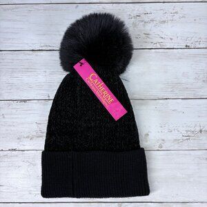 Catherine Malandrino Black Knit Beanie With Faux Fur Pom-Pom O/S NWT